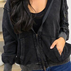 New Aemi + Co Mineral Black Washed Zip-Up Hoodie Jacket Sweatshirt - Small